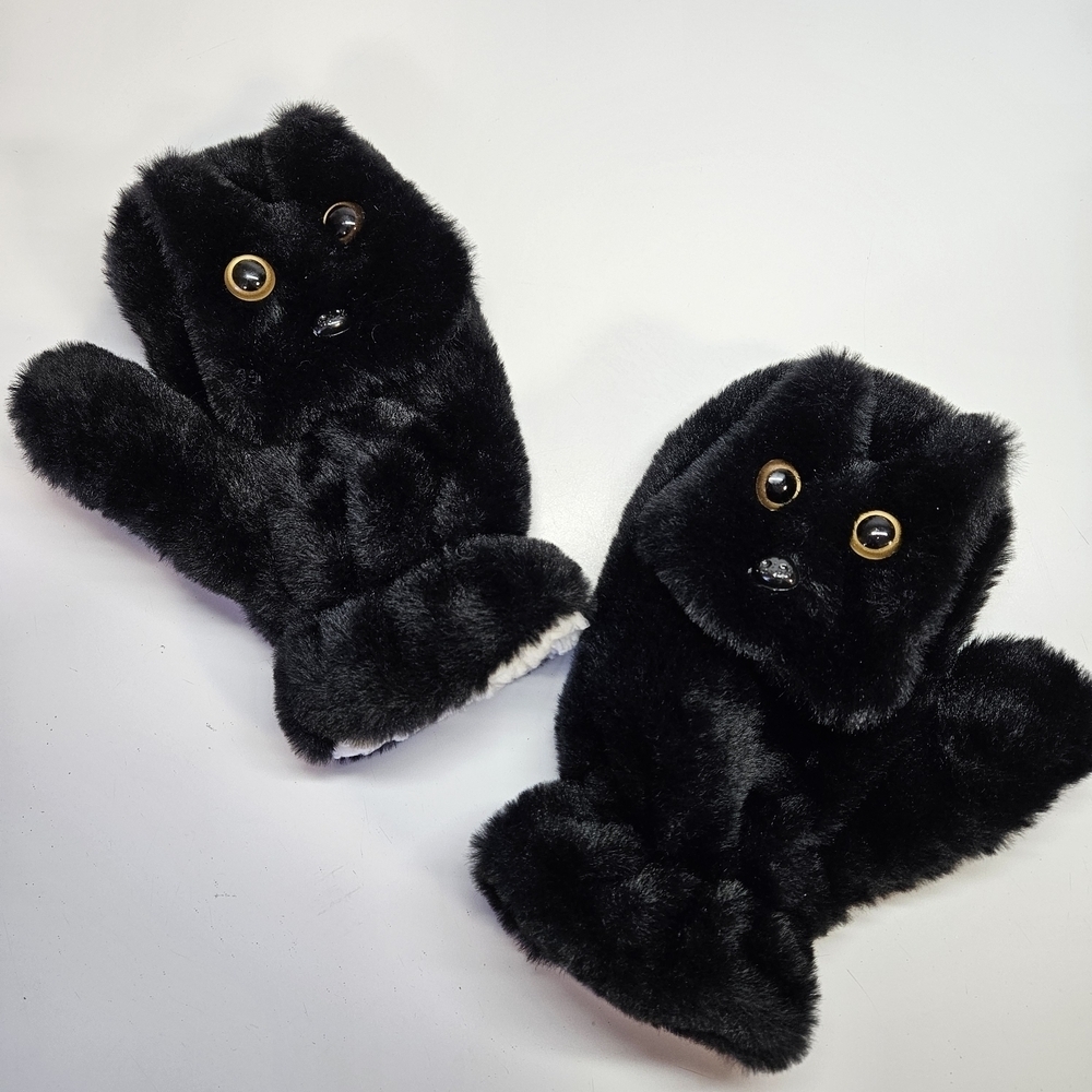 Black Cat Kitten Plush Faux Fur Mitten Mittens Fleece Lined One Size Adult
